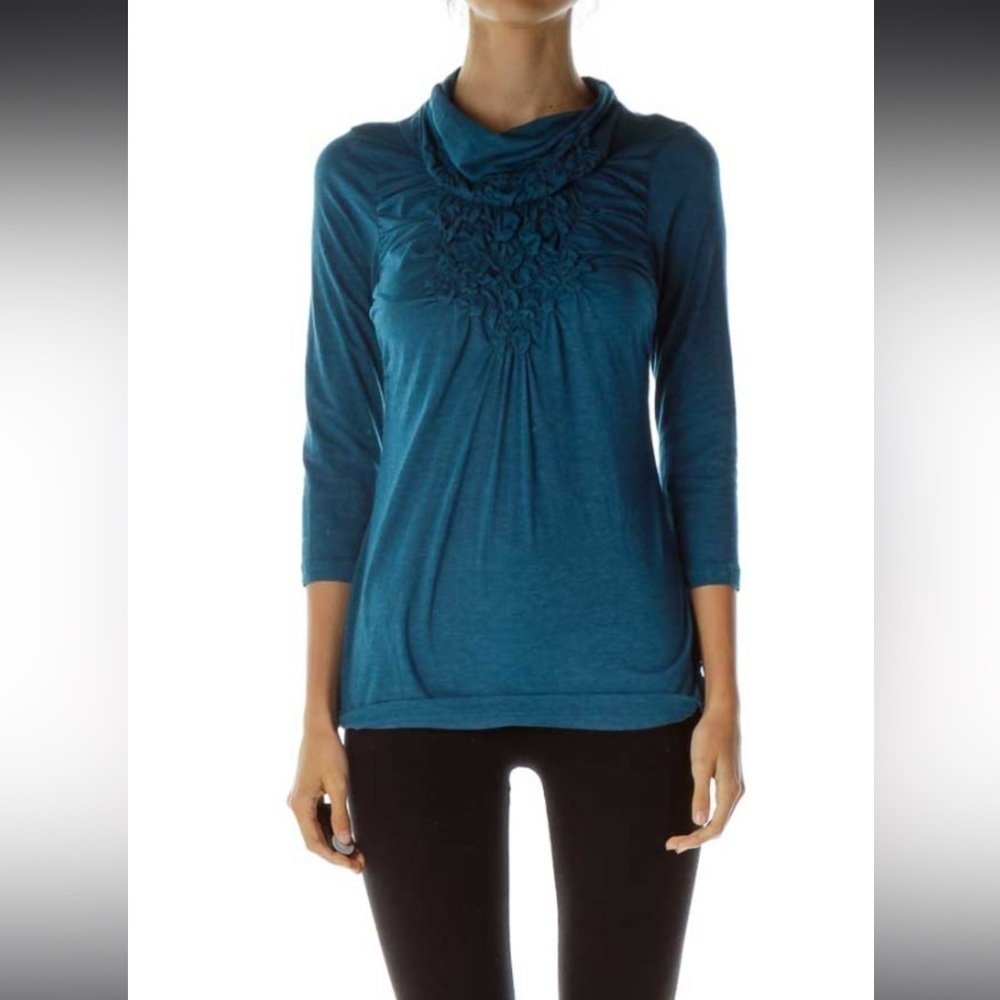 ANTHROPOLOGIE Deletta blue ruffled neck knit top size large